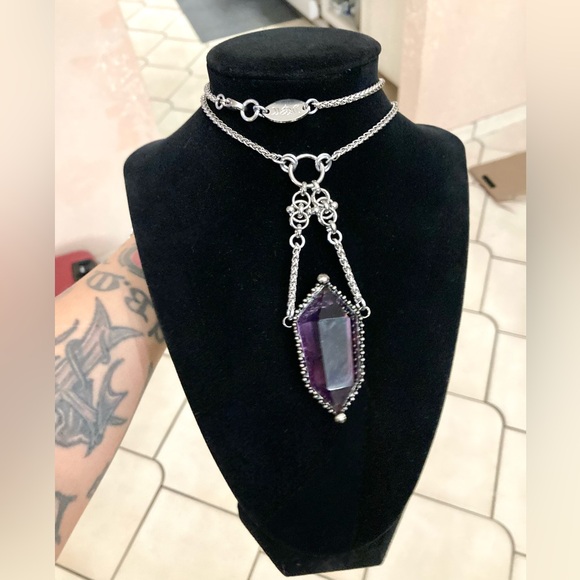 Natural big purple amethyst crystal gemstone boho goth maille steel necklace - Picture 5 of 16